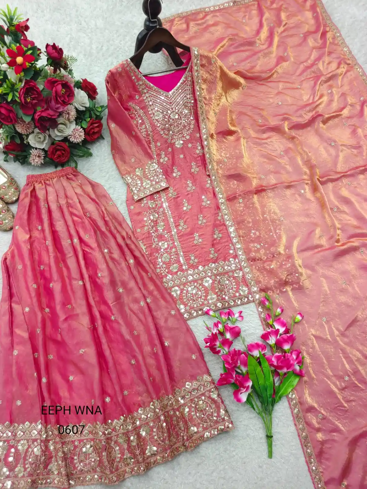 Peach Pink Embroidered Sharara Set